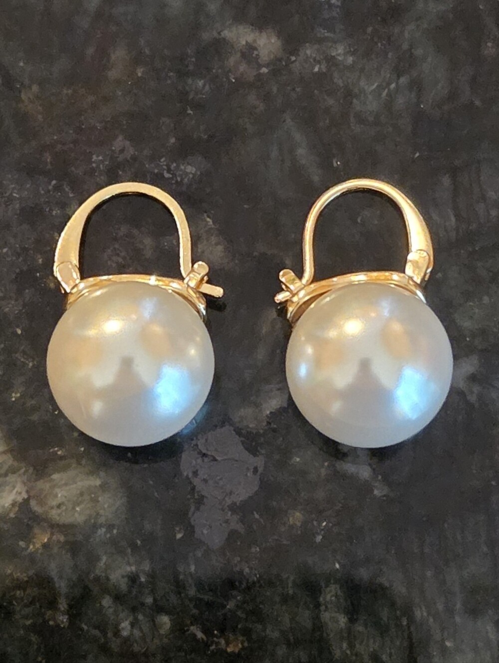 Vintage Looking Gold Tone Large Faux Pearl Leverback Dangle Drop Earrings